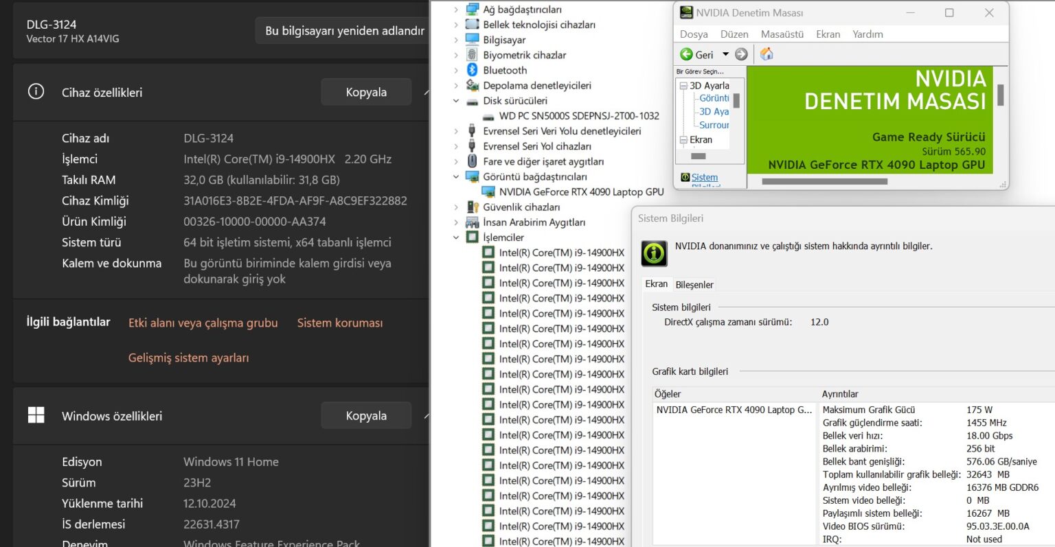 MSI Vector 17 HX A14VIG-879XTR Intel Core i9 14900HX 32GB RAM 2TB SSD RTX4090 17" QHD+ 240Hz (İKİNCİ EL) - Görsel 5