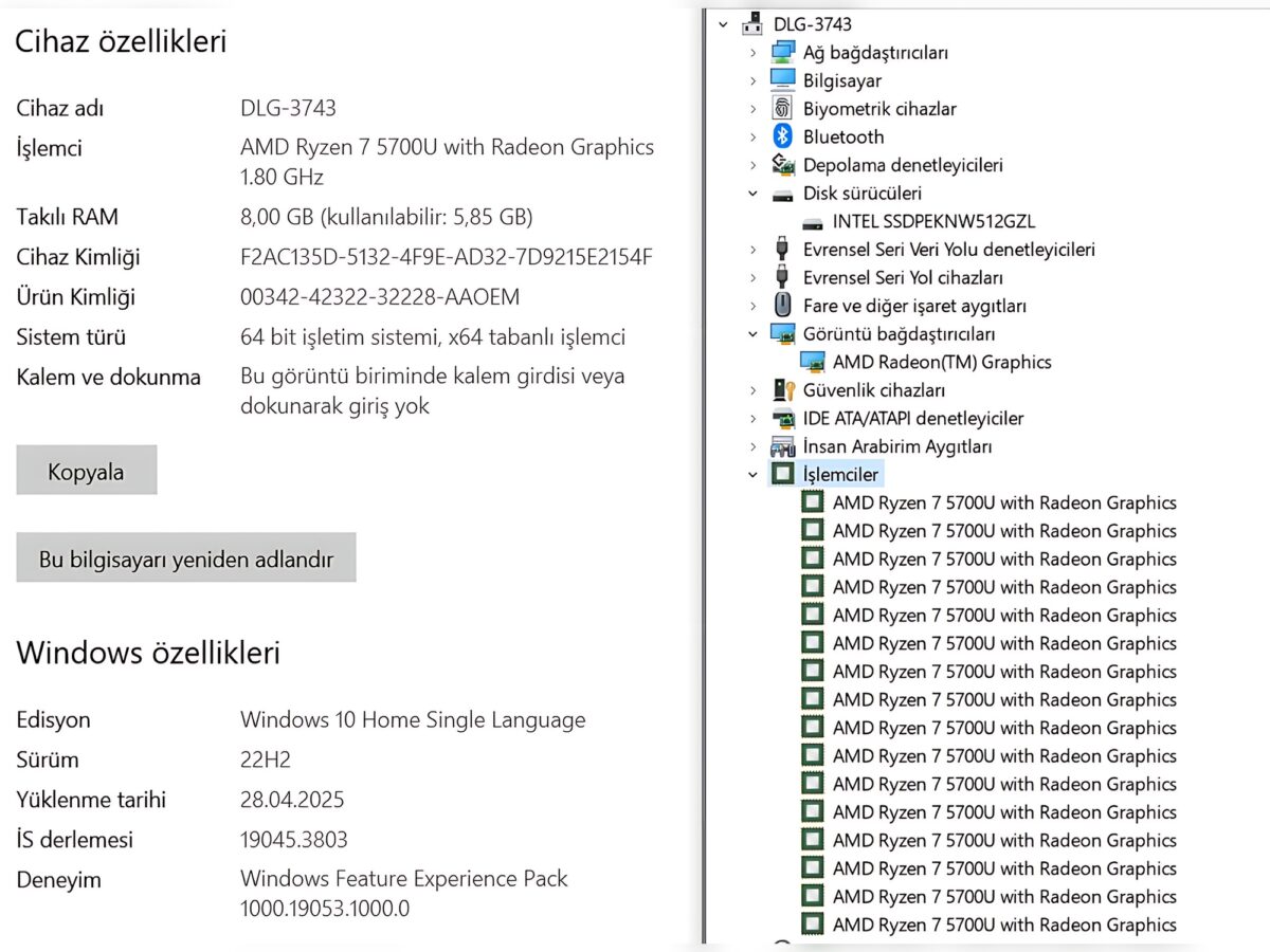 Lenovo IdeaPad 3 15ALC6 AMD Ryzen 7 5700U 8GB RAM 512GB SSD W10 15.6” FHD 82KU01YHTX (İKİNCİ EL) - Görsel 5