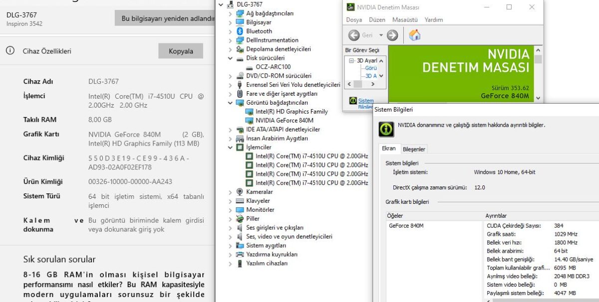 Dell Inspiron 3542 Intel Core i7 4510U 8GB RAM 240GB SSD 840M 15.6” HD (İKİNCİ EL) - Görsel 5