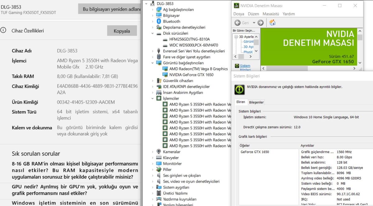 Asus TUF Gaming FX505DT-BQ190T AMD Ryzen 5 3550H 8GB RAM 256GB SSD+500GB HDD GTX1650 W10 15.6” FHD (İKİNCİ EL) - Görsel 5