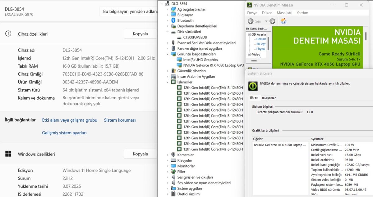 Casper Excalibur G870.1245-BVA0P-B Intel Core i5 12450H 16GB RAM 500GB SSD RTX4050 W11 15.6” FHD 144Hz (İKİNCİ EL) - Görsel 5