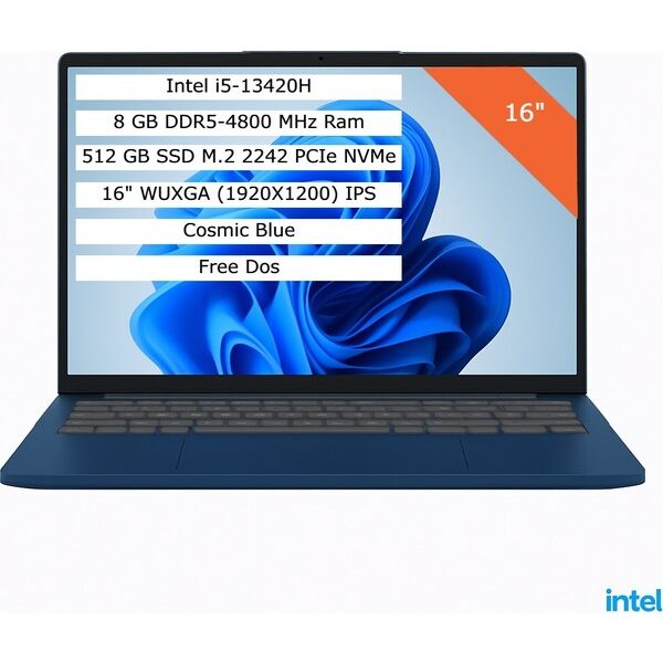 Lenovo Ideapad Slim 3 Intel Core I5-13420H 8gb 512GB SSD 16" Wuxga (1920X1200) IPS Panel Freedos Taşınabilir Bilgisayar 83K2001RTR