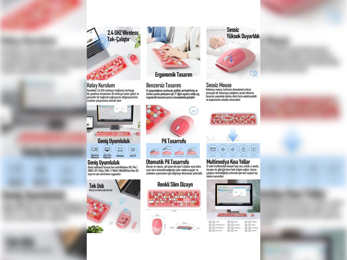 Studz M600 Pembe Kablosuz Klavye Mouse Seti - Görsel 3
