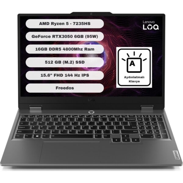 Lenovo LOQ 15ARP9 AMD Ryzen 5 7235HS 16GB RAM 512GB SSD RTX3050 Freedos 15.6” FHD 144Hz 83JC000QTR