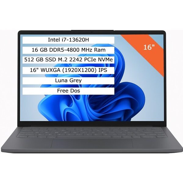 Lenovo Ideapad Slim 3 16IRH10 Intel Core i7 13620H 16GB RAM 512GB SSD Freedos 16” WUXGA 83K2001WTR