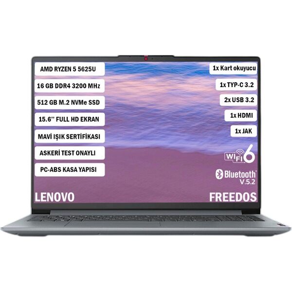 Lenovo Ideapad Slim 3 15ABR8 AMD Ryzen 5 5625U 16GB RAM 512GB SSD Freedos 15.6” FHD 82XM00PWTX