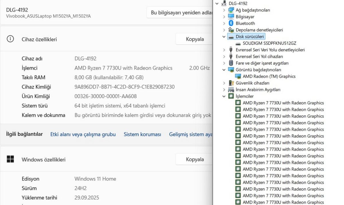 Asus VivoBook 15 M1502YA-NJ119 AMD Ryzen 7 7730U 8GB RAM 512GB SSD 15.6” FHD (İKİNCİ EL) - Görsel 5