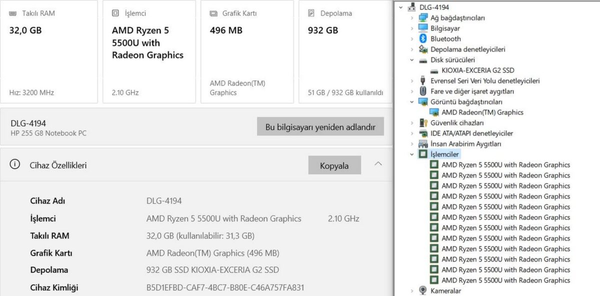 HP 255 G8 AMD Ryzen 5 5500U 32GB RAM 1TB SSD 15.6” FHD 7N4W2AA (İKİNCİ EL) - Görsel 5