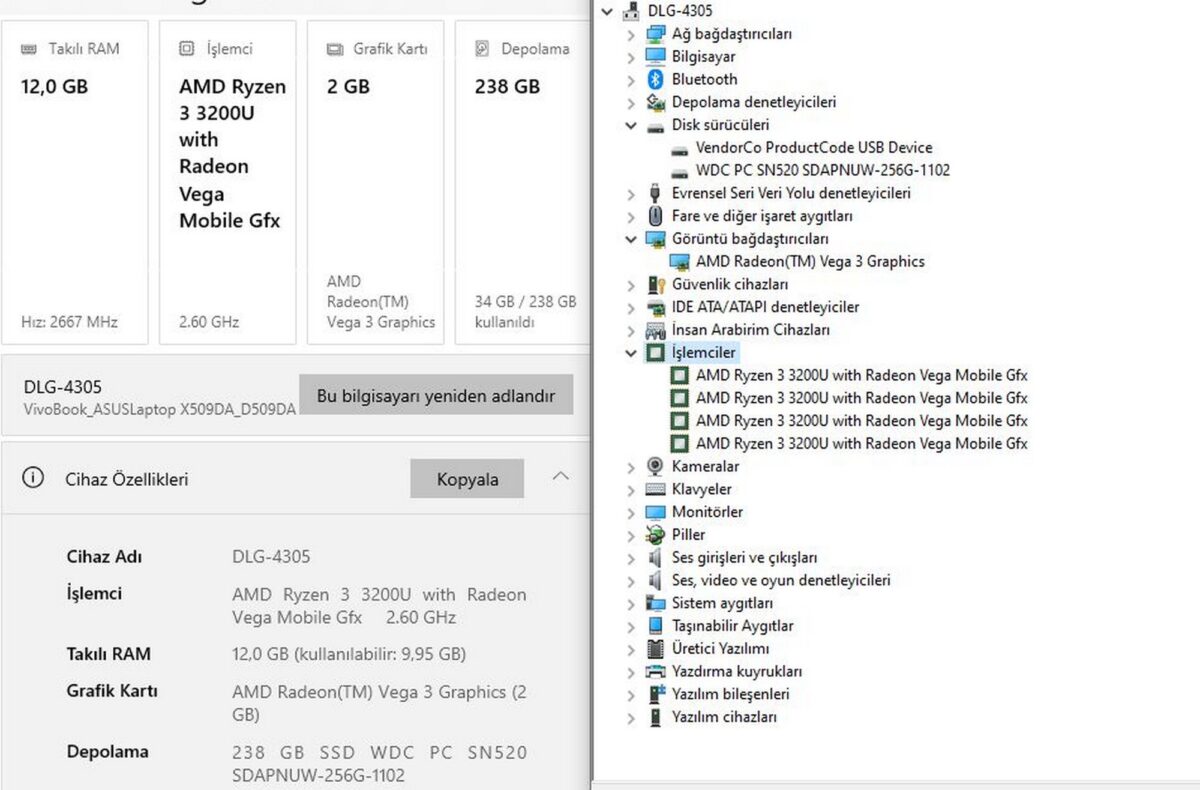 Asus D509DA-BR129T AMD Ryzen 3 3200U 12GB RAM 256GB SSD 15.6” HD (İKİNCİ EL) - Görsel 5