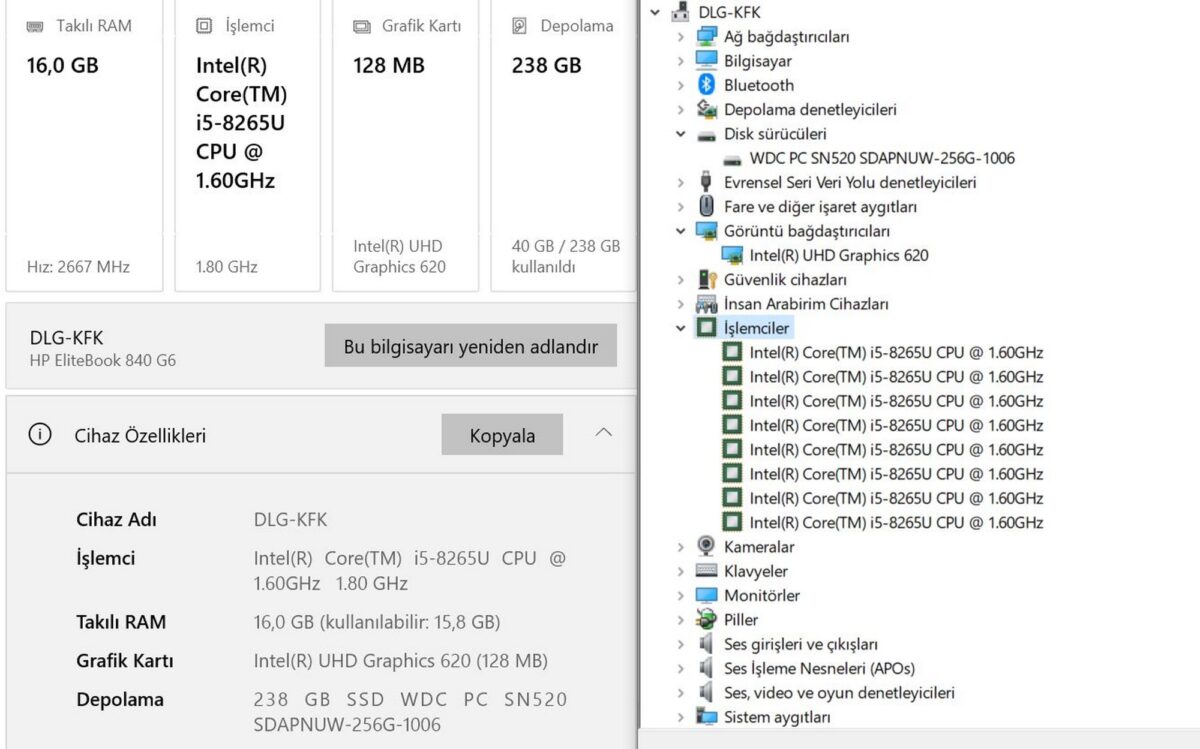 HP EliteBook 840 G6 Intel Core i5 8265U 16GB RAM 256GB SSD W10 14” FHD 4WG26AV (İKİNCİ EL) - Görsel 5