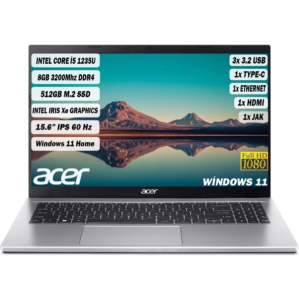 Acer Aspire 3 I5-1235U 8 GB 512 GB SSD 15,6 " FHD W11 Dizüstü Notebook NX.K6TEY.002