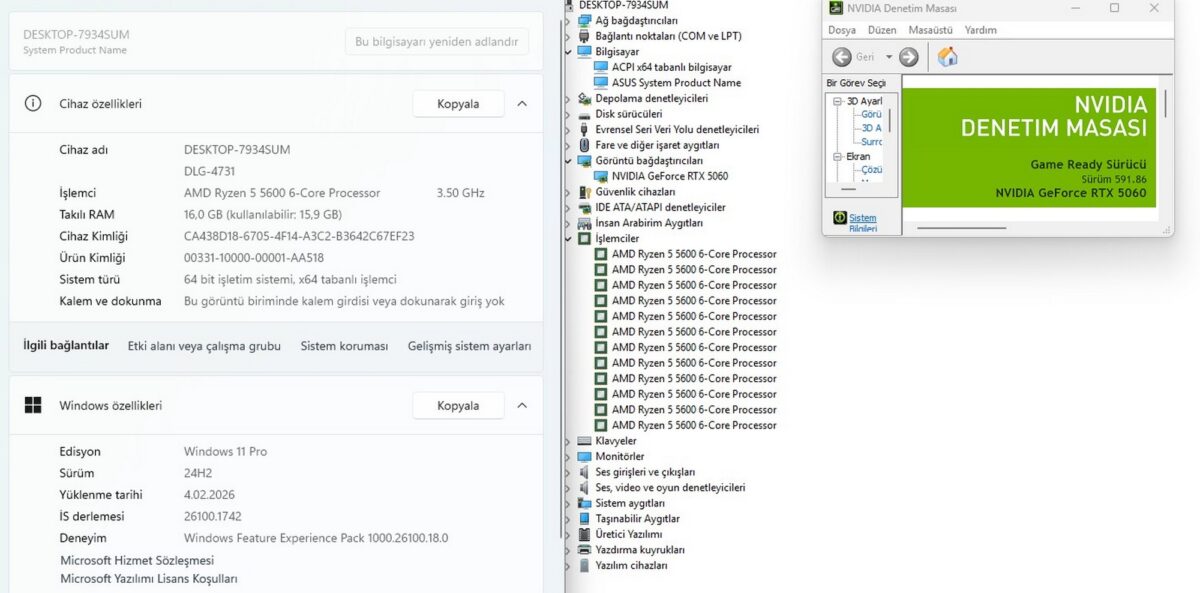 Dolgun Teknoloji 4731 AMD Ryzen 5 5600 16GB DDR4 1TB RTX5060 8GB W11 Pro Oyuncu Kasası - Görsel 5