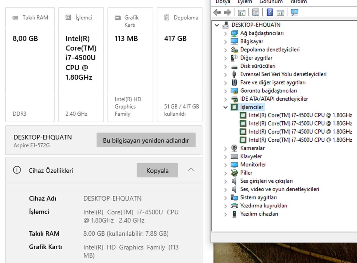 Acer Aspire E1-572G i7 4500U 8GB 120GB SSD + 250GB HDD 15.6" Notebook (İKİNCİ EL) - Görsel 5