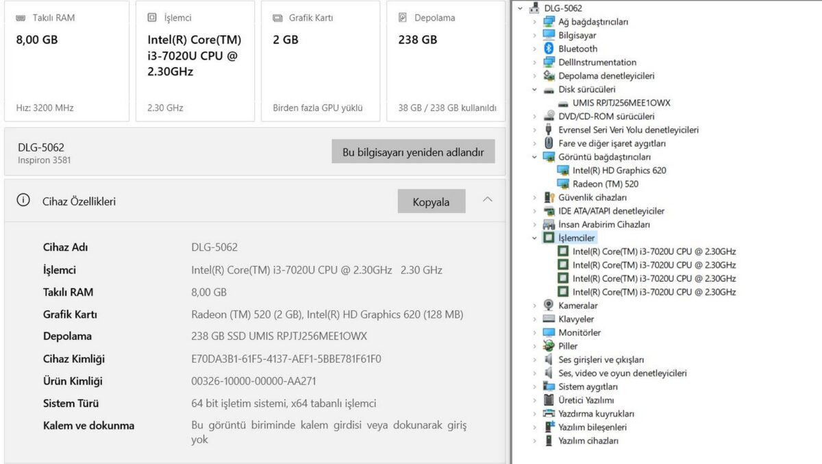 Dell Inspiron 3581 i3 7020U 8GB RAM 256GB SSD Radeon 520 2GB 15.6" FHD Notebook (İKİNCİ EL) - Görsel 5