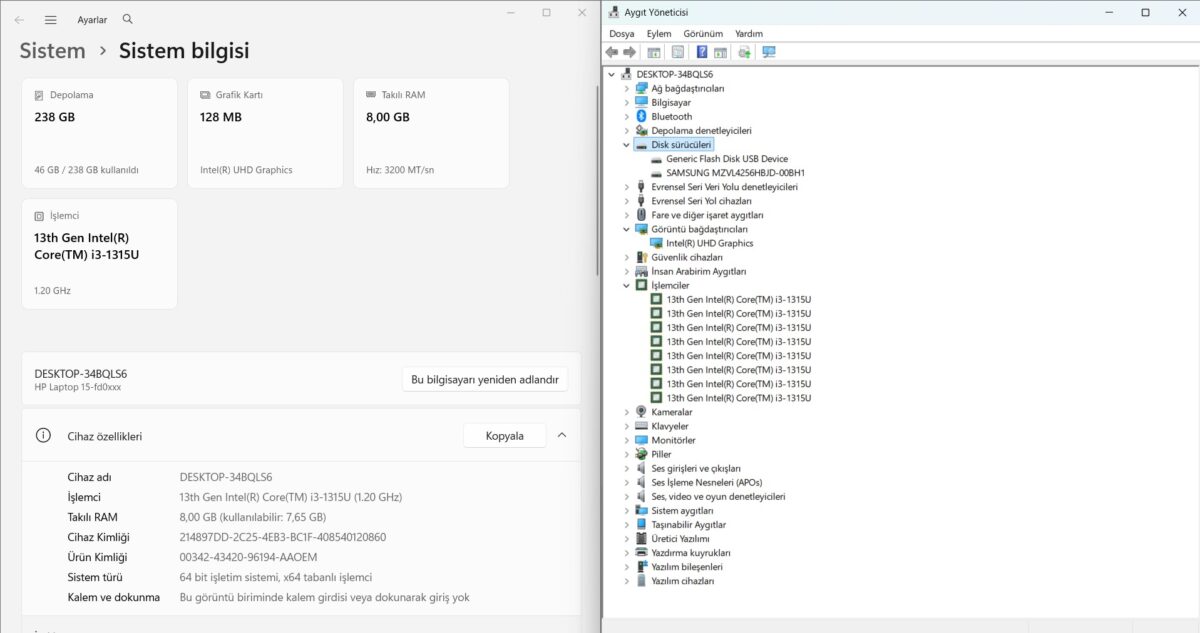 HP 15-FD0033NT i3-1315U 8GB RAM 256GB SSD 15.6" FHD 88T69EA Notebook (İKİNCİ EL) - Görsel 5