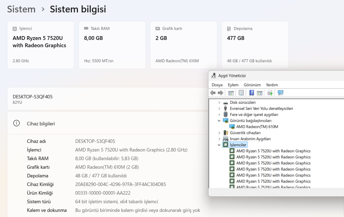 Lenovo V15 G4 Ryzen 5 7520U 8GB 512GB 15.6" 82YU00QKTX Notebook (İKİNCİ EL) - Görsel 5