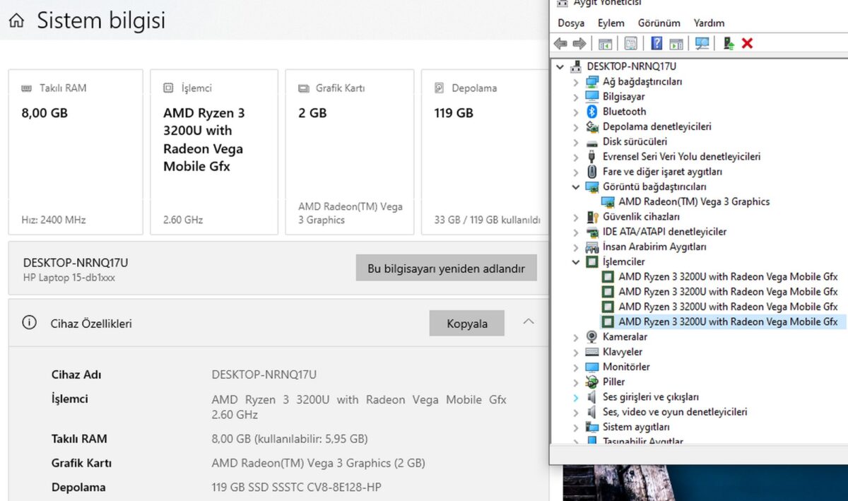 HP 15-DB1030NT AMD Ryzen 3 3200U 8GB RAM 128GB SSD 15.6" HD 7DT33EA Notebook (İKİNCİ EL) - Görsel 5