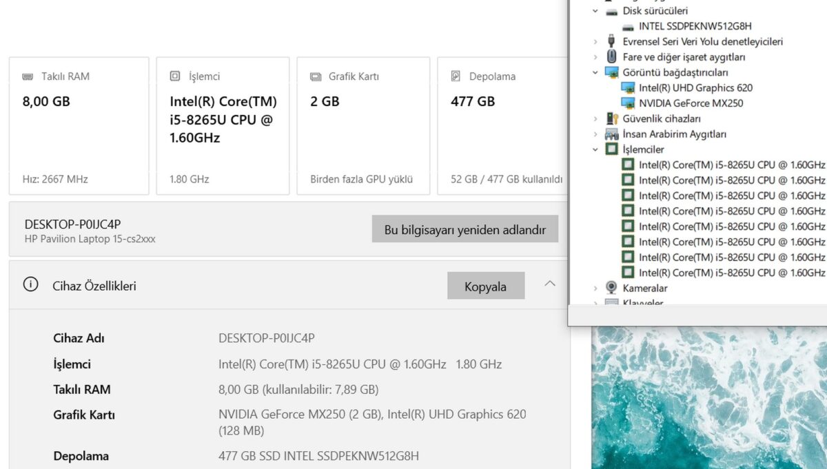 HP Pavilion 15-CS2017NT i5-8265U 8GB RAM 512GB SSD MX250 2GB 15.6" FHD 6ZK74EA Notebook (İKİNCİ EL) - Görsel 5