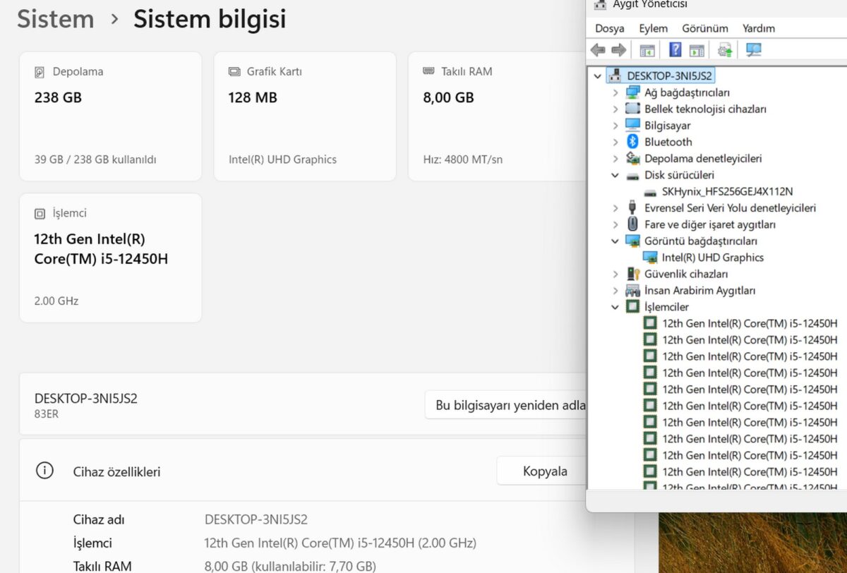 Lenovo IdeaPad Slim 3 15IAH8 i5-12450H 8GB RAM 256GB SSD 15.6" FHD 83ER001ETR Notebook (İKİNCİ EL) - Görsel 5