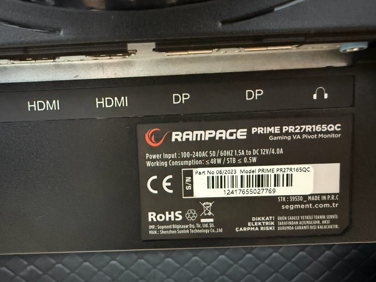 Rampage Prime PR27R165QC 27" 2K 165Hz Pivot Oyuncu Monitörü (İKİNCİ EL) - Görsel 5